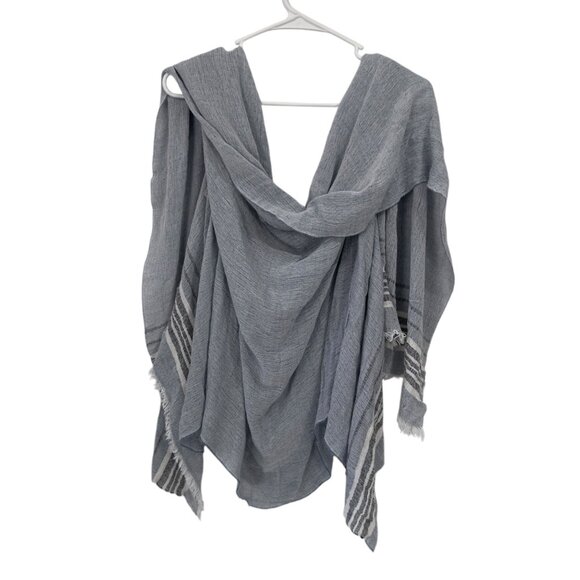 Zighili Blue/White Striped Lightweight Wrap/Shawl Vest One Size Fringe Edges - Picture 6 of 10